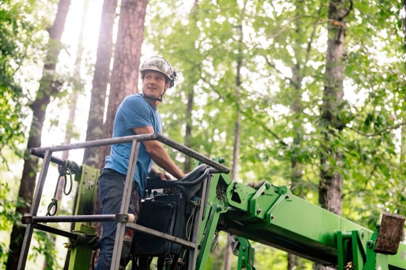 Miller's emergency tree service crew in a bucket truck
